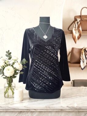 WILLI SMITH Black Velour V-Neck Sequined Long Sleeve Top size M